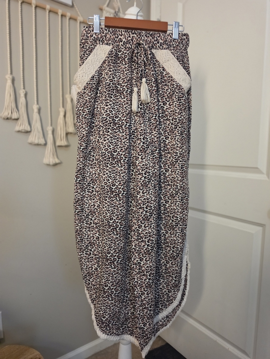 Surf Gypsy Pants - Surf Gypsy Leopard Print Light Flowy Pants with Cream Crochet Detail